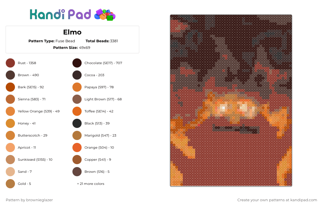 Elmo - Fuse Bead Pattern by brownieglazer on Kandi Pad - brown,red