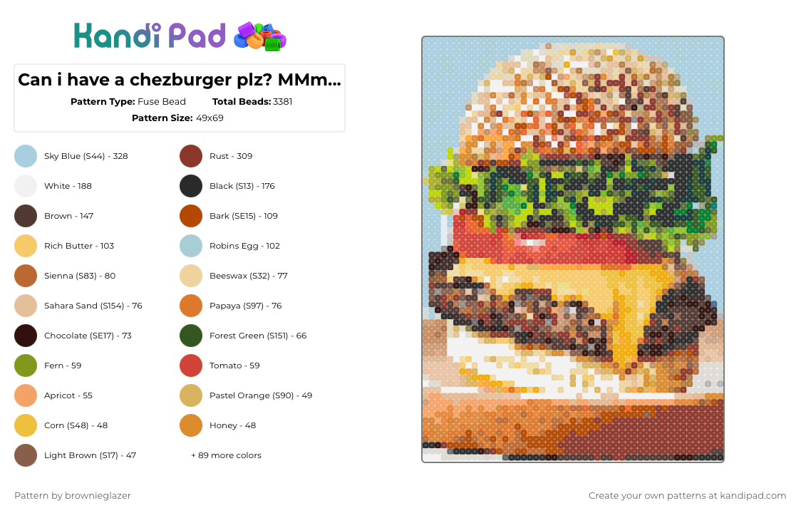 Can i have a chezburger plz? MMmm chezburger - Fuse Bead Pattern by brownieglazer on Kandi Pad - light blue,beige,orange,red,brown,colorful