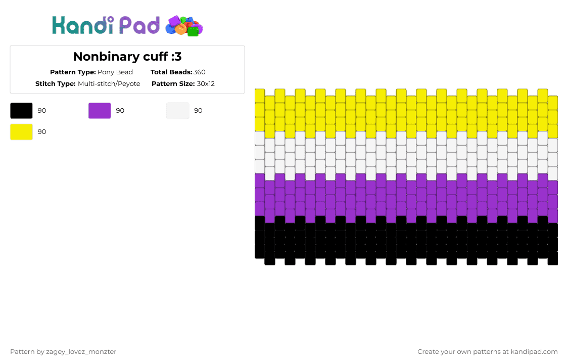 Nonbinary cuff :3 - Pony Bead Pattern by zagey_the_bunny on Kandi Pad - purple,yellow