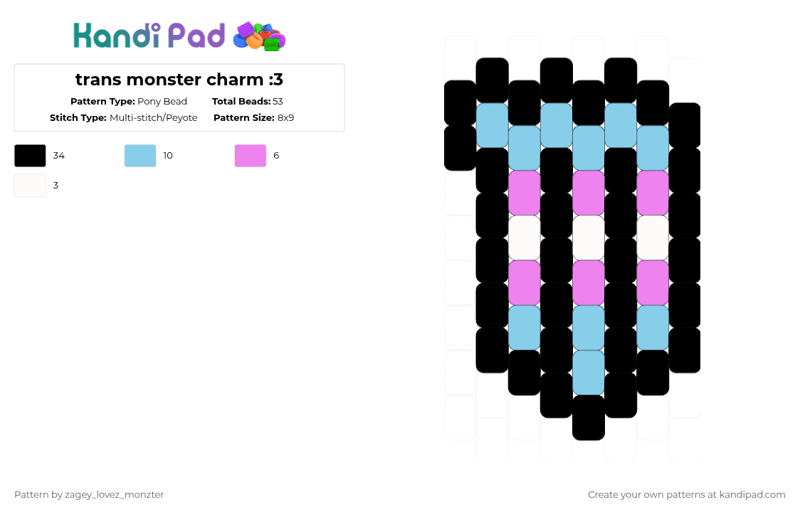 trans monster charm :3 - Pony Bead Pattern by zagey_the_bunny on Kandi Pad - black,light blue,pink