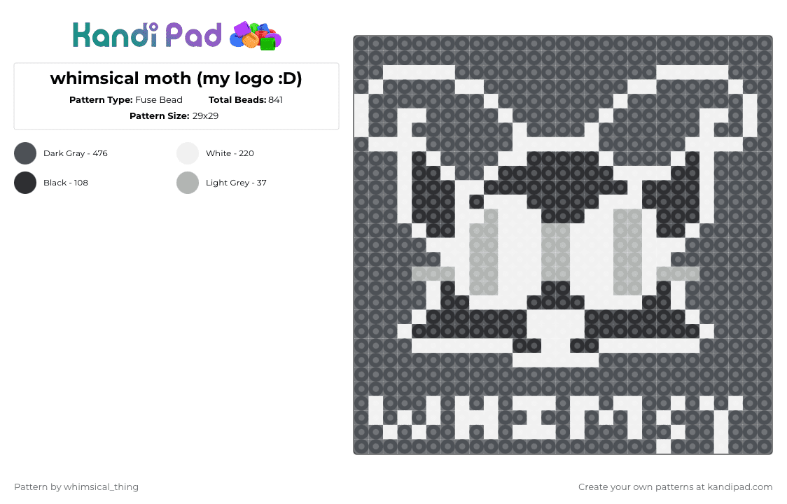 whimsical moth (my logo :D) - Fuse Bead Pattern by whimsical_thing on Kandi Pad - gray