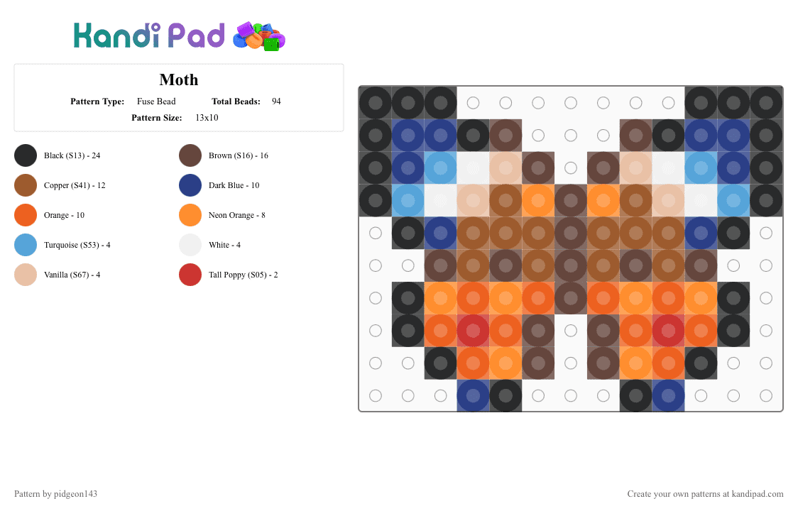 Moth - Fuse Bead Pattern by pidgeon143 on Kandi Pad - blue, brown, butterfly, moth, orange, small, tan