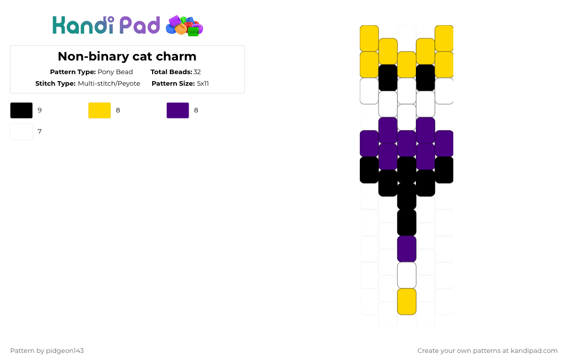 Non-binary cat charm - Pony Bead Pattern by pidgeon143 on Kandi Pad - yellow,purple