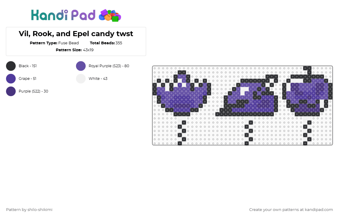 Vil, Rook, and Epel candy twst - Fuse Bead Pattern by shilo-shikimi on Kandi Pad - purple,twisted wonderland,twst,vil schoenheit,rook hunt,epel felmier,candy,food