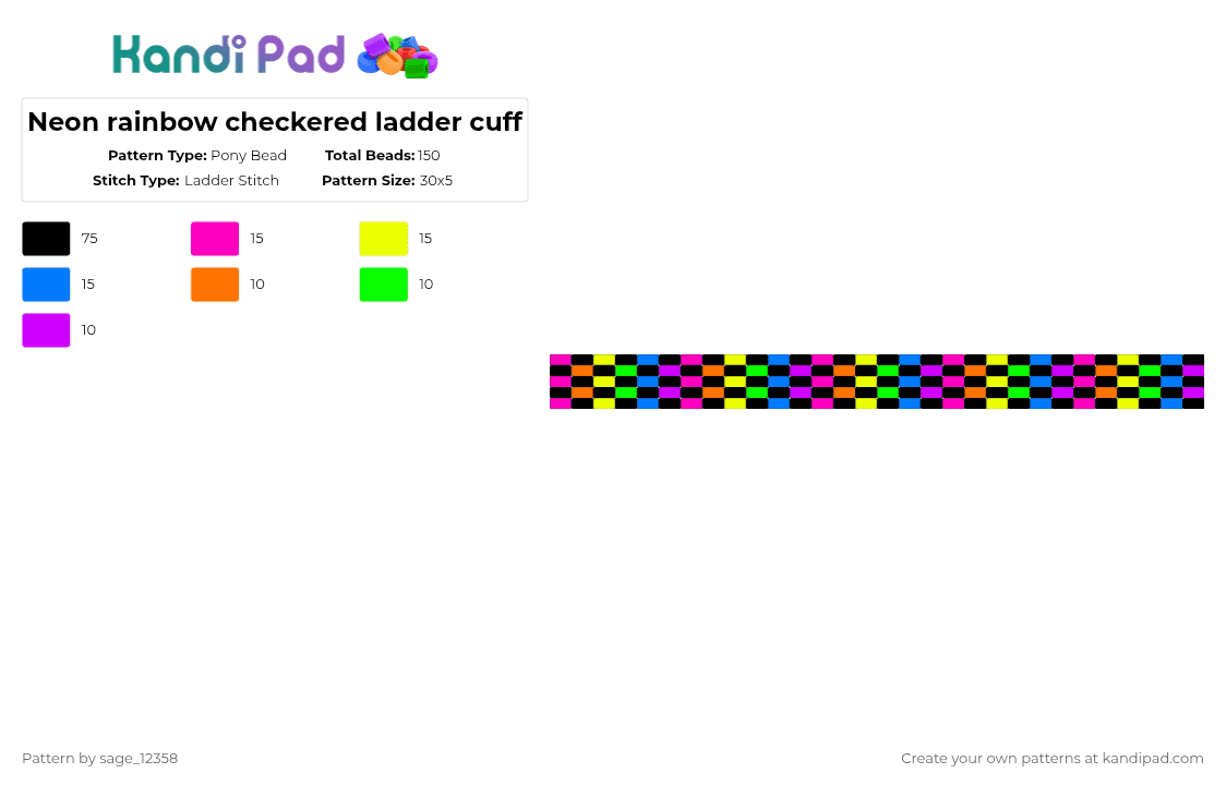 Neon rainbow checkered ladder cuff - Pony Bead Pattern by sage_12358 on Kandi Pad - black,pink,yellow,blue