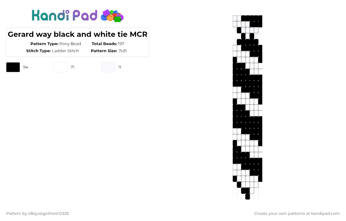 Gerard way black and white tie MCR - Pony Bead Pattern by idkijustgothere12335 on Kandi Pad - black,white
