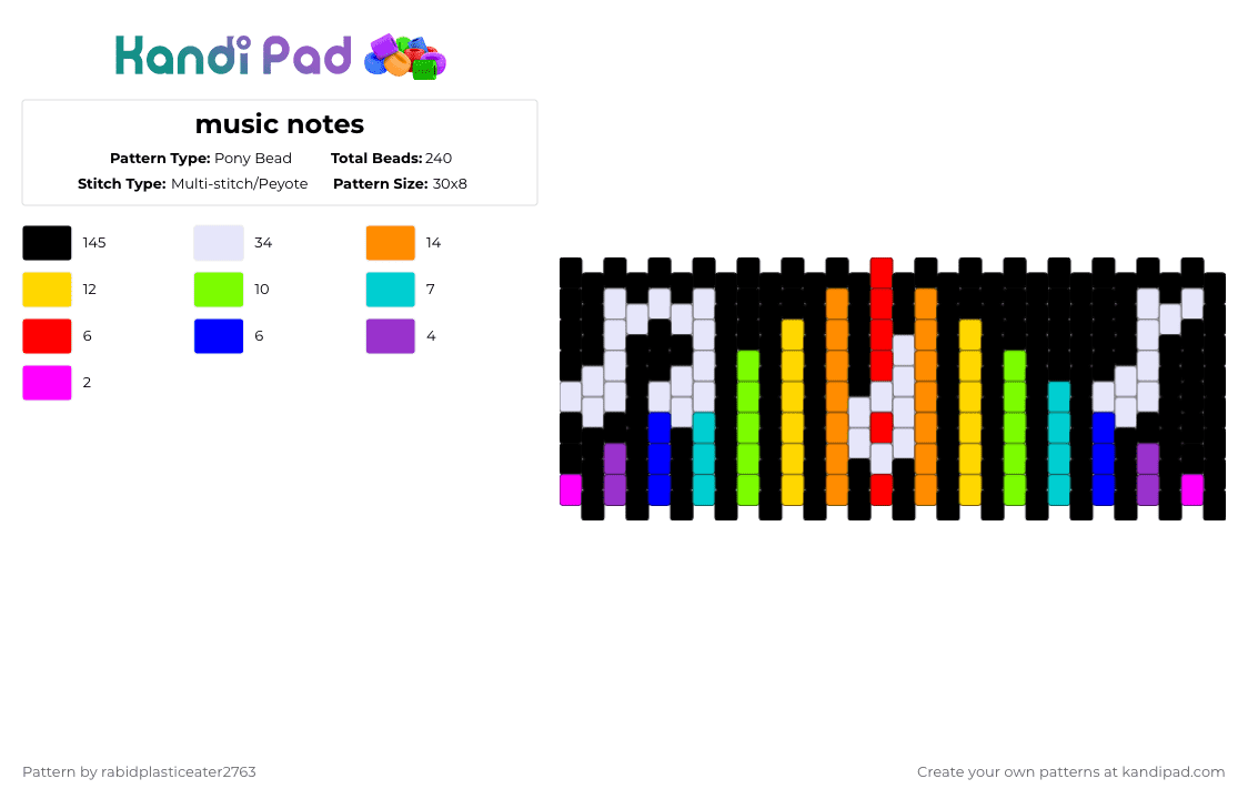 music notes - Pony Bead Pattern by rabidplasticeater2763 on Kandi Pad - black,orange,green,colorful,music,rainbow