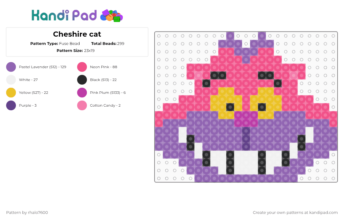 Cheshire cat - Fuse Bead Pattern by rhalo7600 on Kandi Pad - cheshire cat,alice in wonderland,cat,book,movie,animal,pink