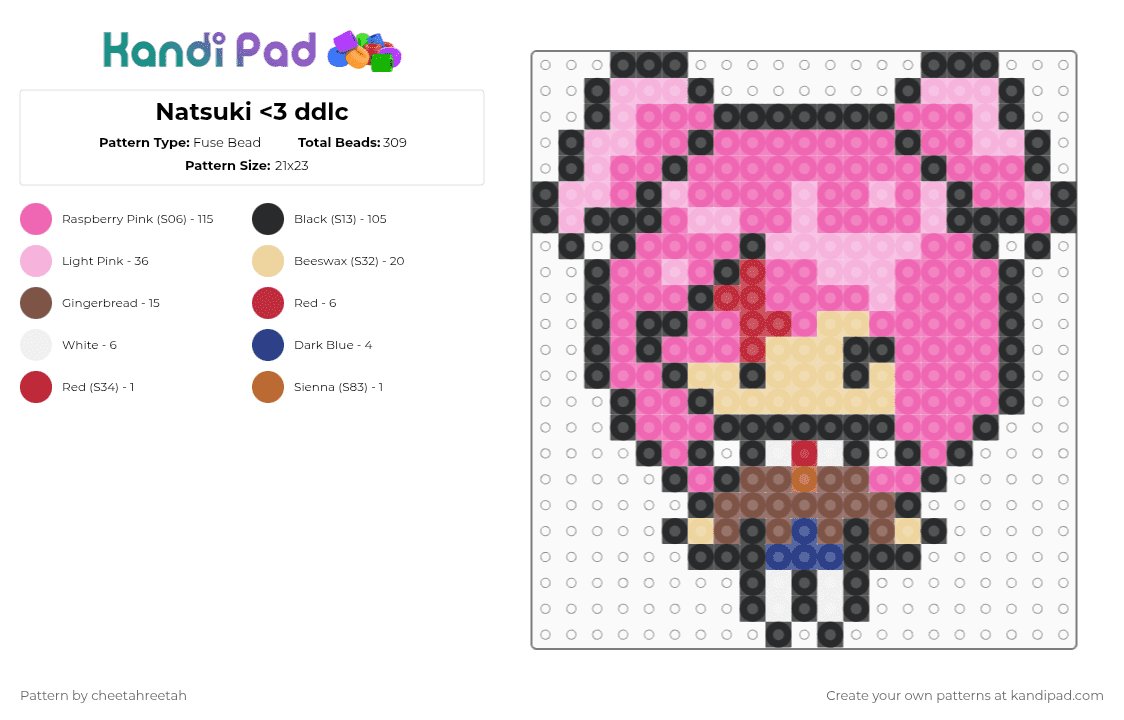 Natsuki ddlc - Fuse Bead Pattern by cheetahreetah on Kandi Pad - pink