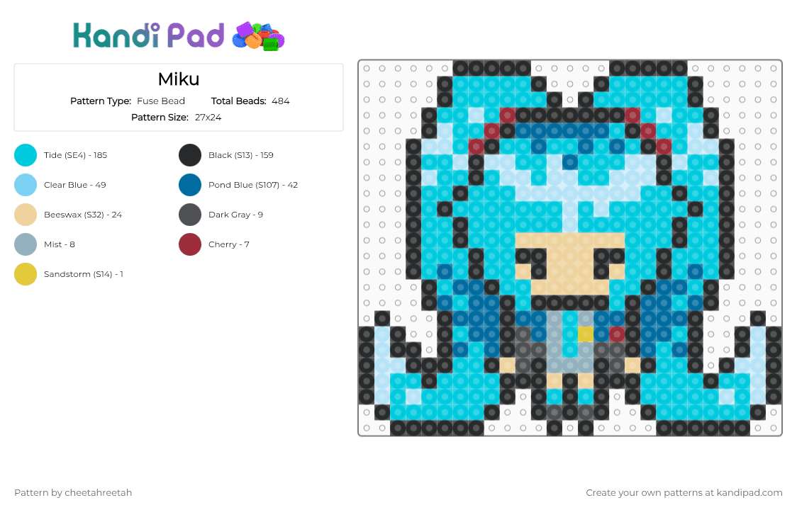 Miku - Fuse Bead Pattern by cheetahreetah on Kandi Pad - light blue