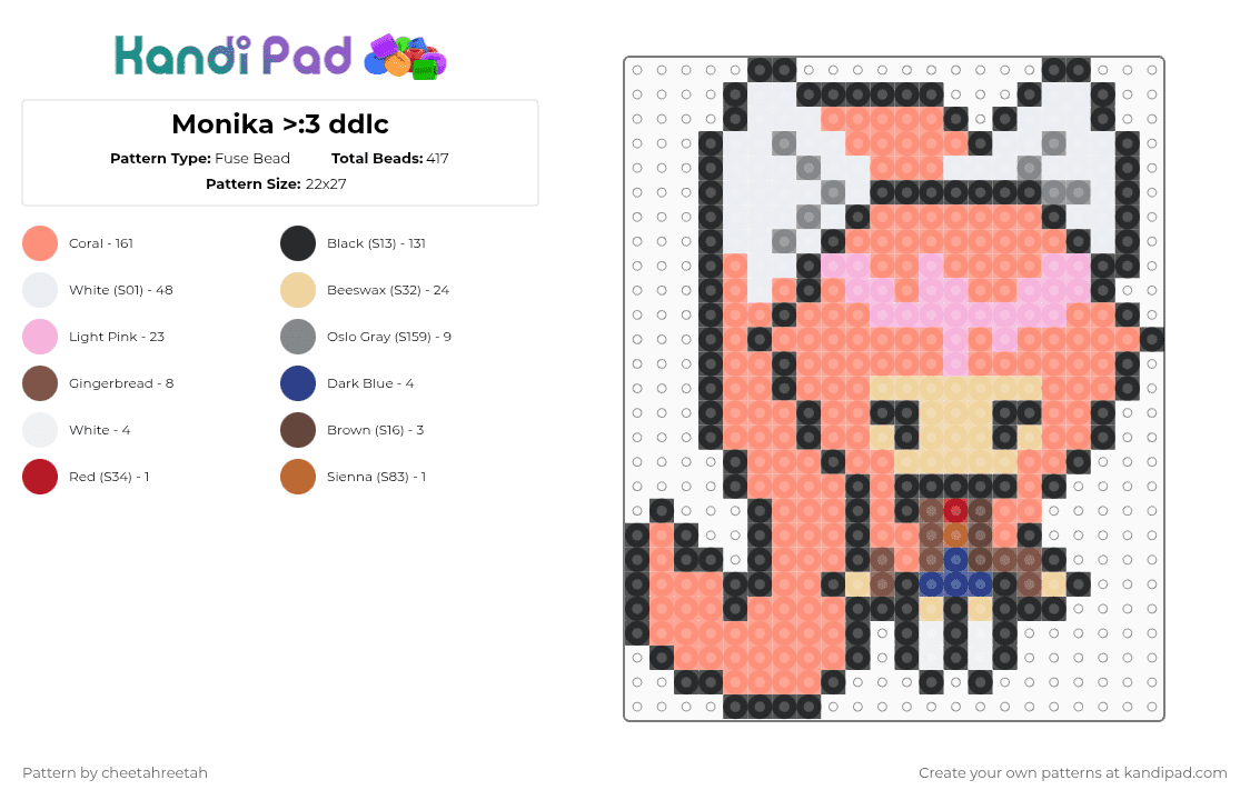 Monika >:3 ddlc - Fuse Bead Pattern by cheetahreetah on Kandi Pad - orange