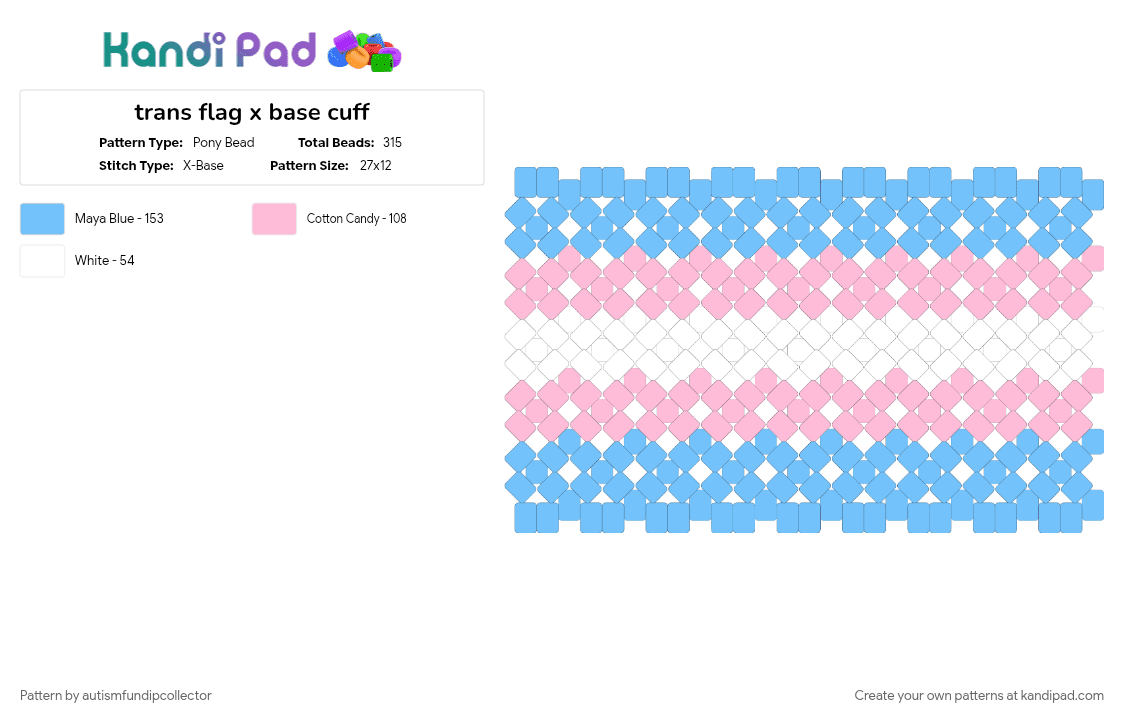 trans flag x base cuff - Pony Bead Pattern by autismfundipcollector on Kandi Pad - light blue, pink