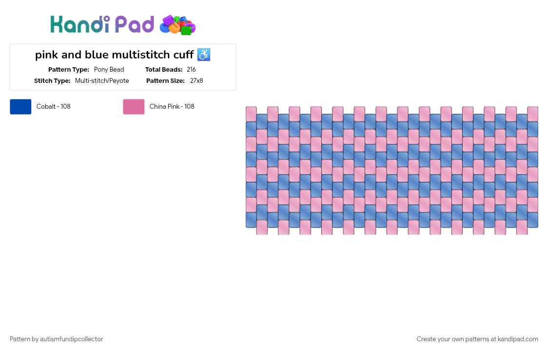 pink and blue multistitch cuff ♿ - Pony Bead Pattern by autismfundipcollector on Kandi Pad - blue, pink