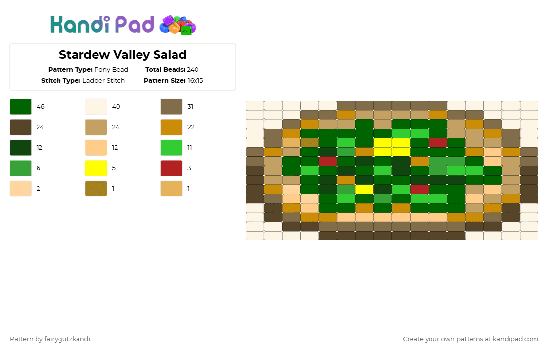 Stardew Valley Salad - Pony Bead Pattern by fairygutzkandi on Kandi Pad - tan,green,orange,colorful,cotdsalad,stardew valley,salad,food