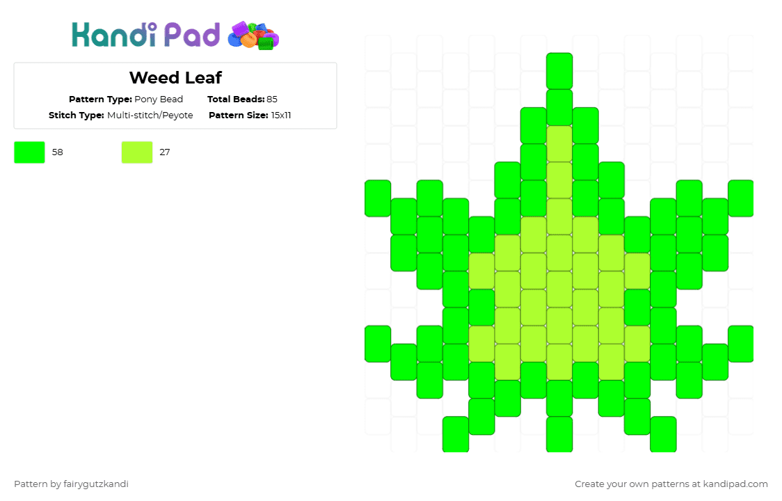 Weed Leaf - Pony Bead Pattern by fairygutzkandi on Kandi Pad - green,stoner,weed,leaf