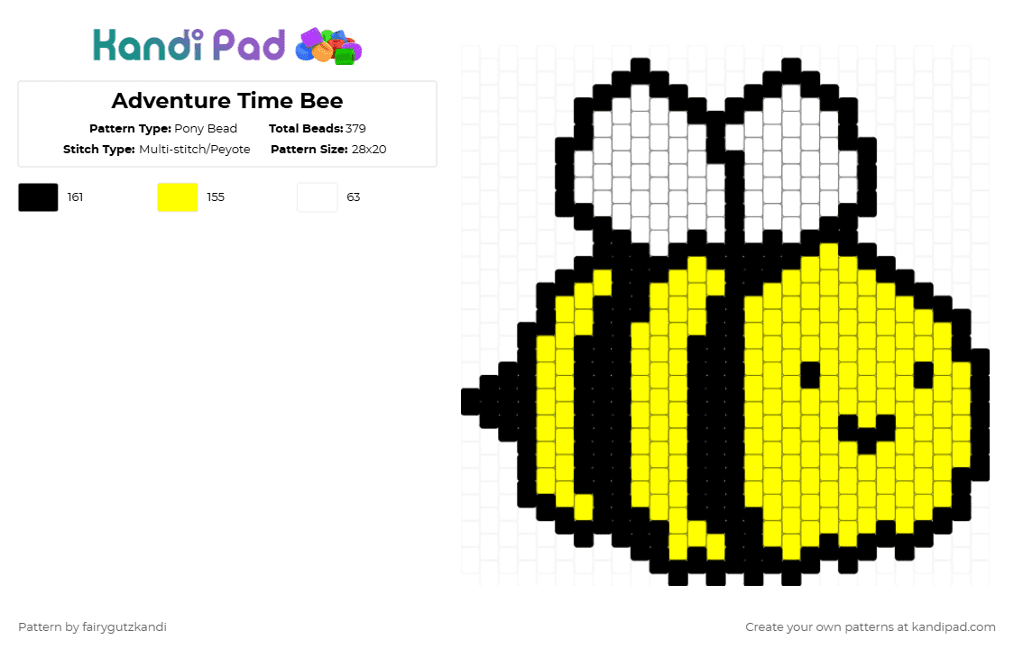 Adventure Time Bee - Pony Bead Pattern by fairygutzkandi on Kandi Pad - white,yellow,adventure time,bee,insect,bug,cartoon