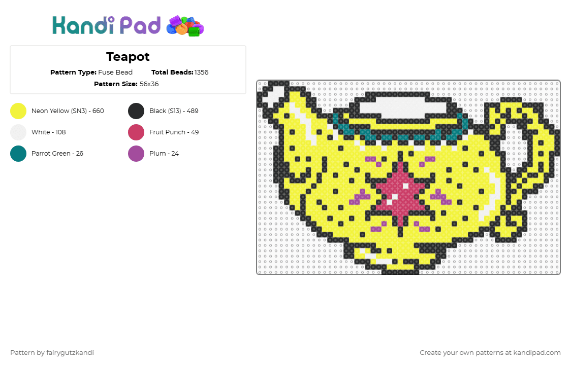 Teapot - Fuse Bead Pattern by fairygutzkandi on Kandi Pad - yellow,aliceinwonderland,colorful,teapot,fun,large,perler