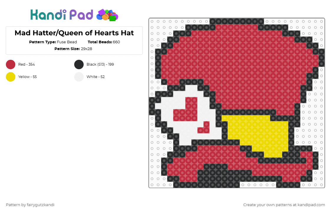 Mad Hatter/Queen of Hearts Hat - Fuse Bead Pattern by fairygutzkandi on Kandi Pad - red,aliceinwonderland