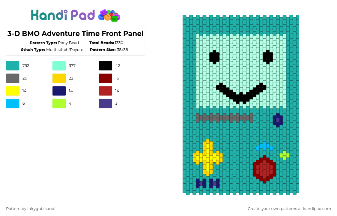 3-D BMO Adventure Time Front Panel - Pony Bead Pattern by fairygutzkandi on Kandi Pad - 3d, adventure time, cartoon, teal