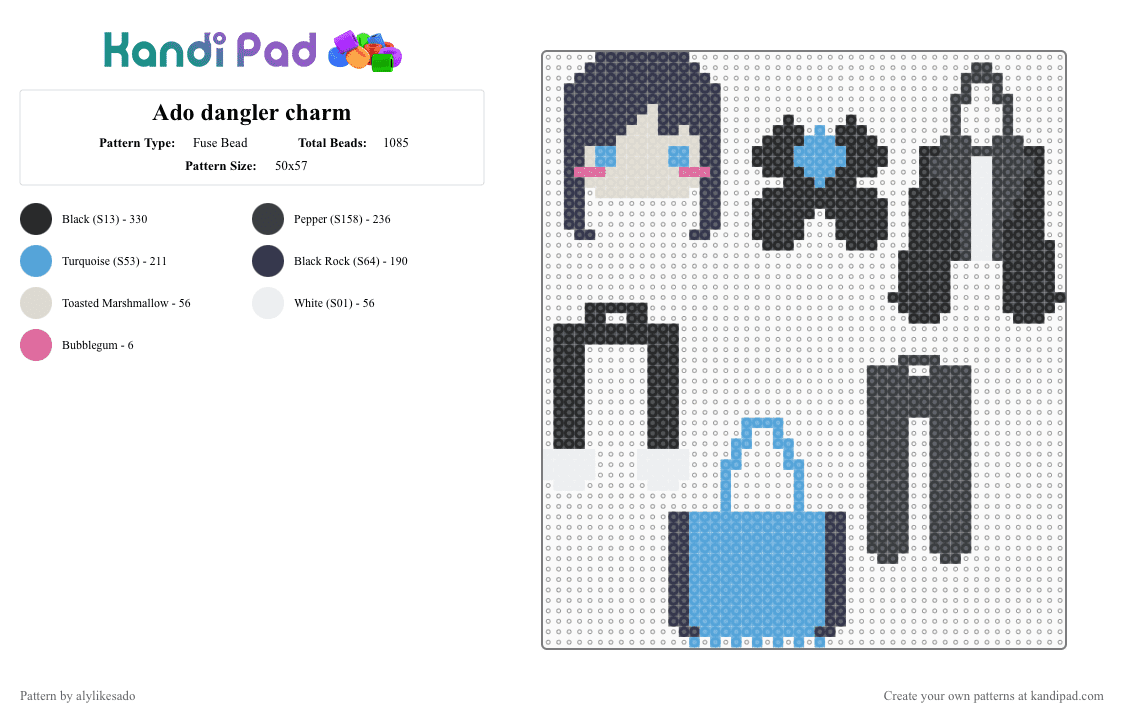 Ado dangler charm - Fuse Bead Pattern by alylikesado on Kandi Pad - black,purple,light blue,ado,singer,perler,cute,music,jpop,jrock