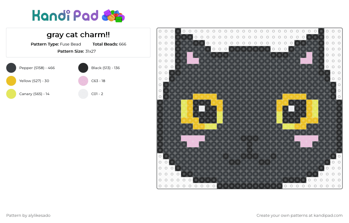 gray cat charm!! - Fuse Bead Pattern by alylikesado on Kandi Pad - black,pink,yellow,cat,gray,cute,perler