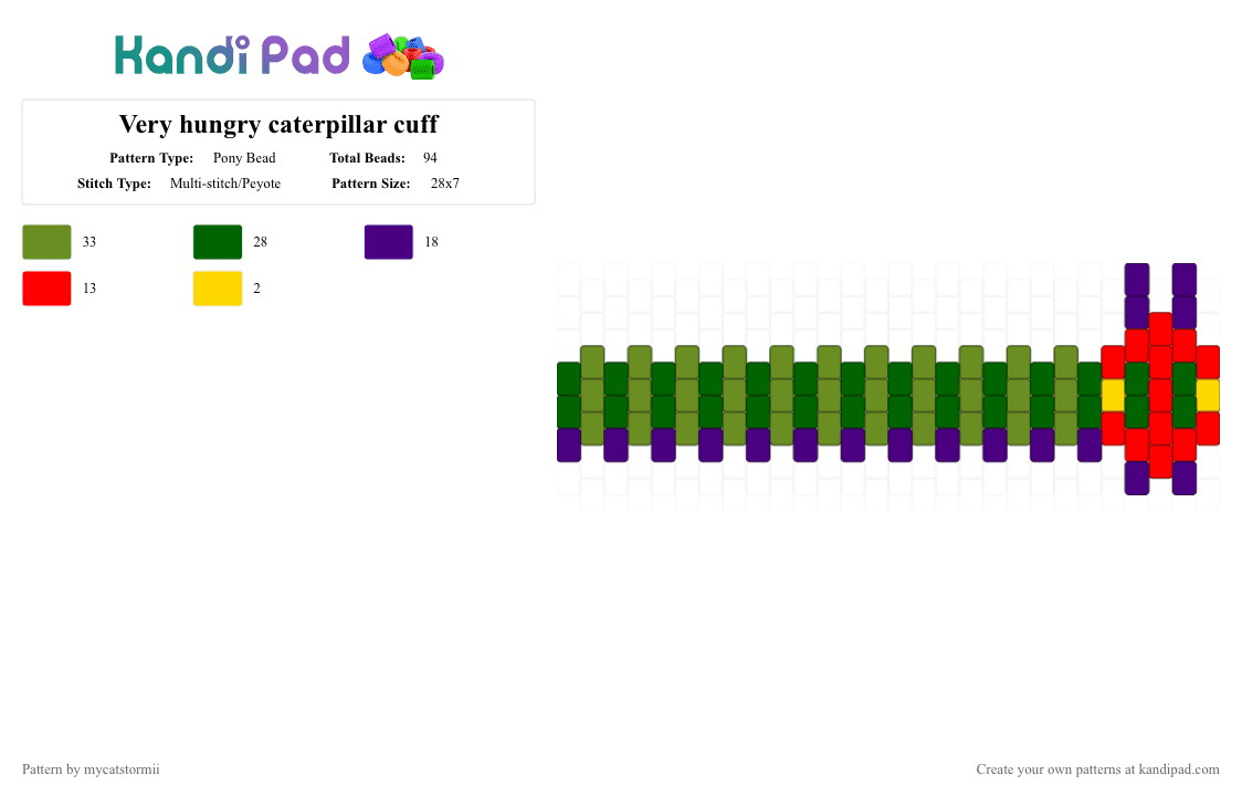 Very hungry caterpillar cuff - Pony Bead Pattern by alylikesado on Kandi Pad - green,caterpillar,cuff,multi stitch,red,purple,yellow,bug