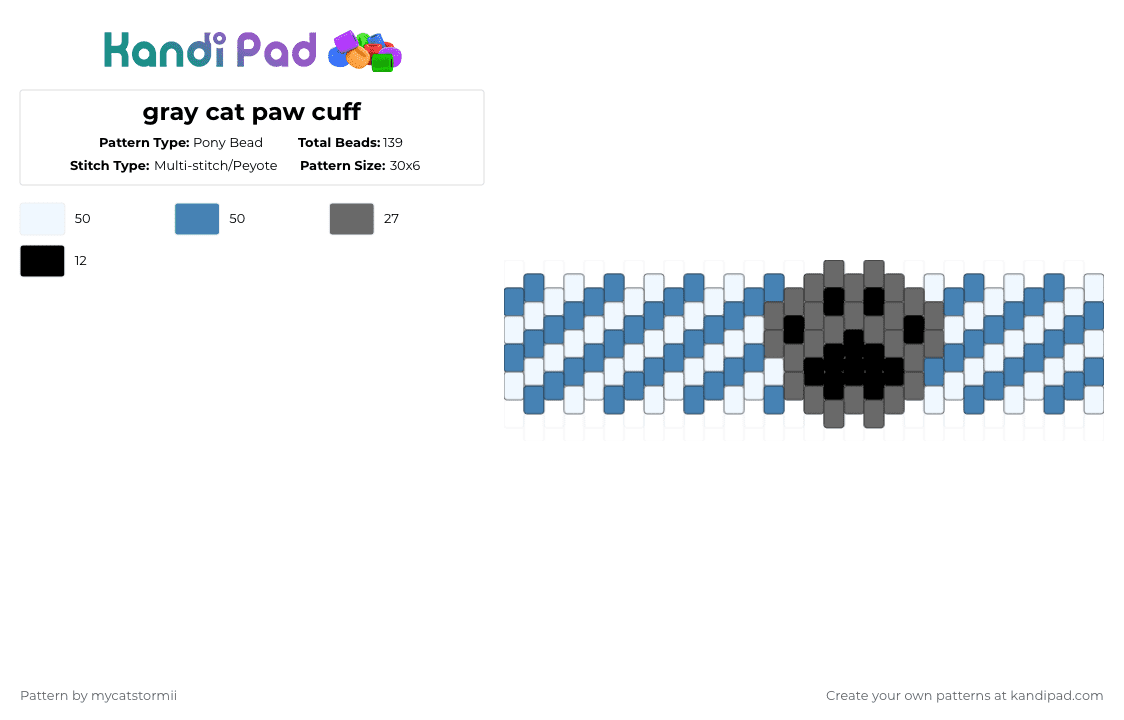 gray cat paw cuff - Pony Bead Pattern by alylikesado on Kandi Pad - blue,gray,cat,cool,multistitch