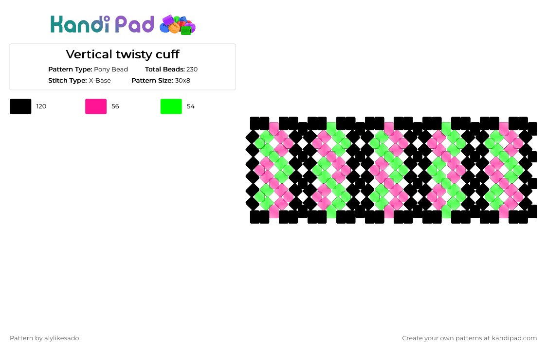 Vertical twisty cuff - Pony Bead Pattern by alylikesado on Kandi Pad - pink,green,cuff,xbase,black,white,swirl,vertical