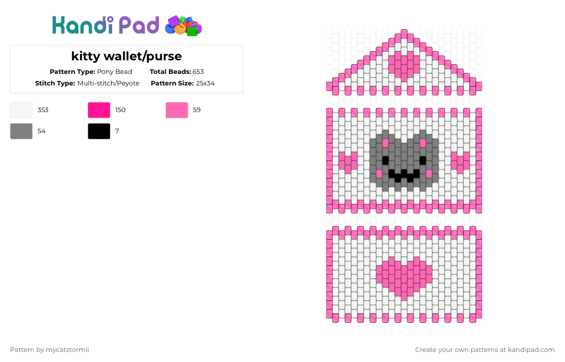 kitty wallet/purse - Pony Bead Pattern by alylikesado on Kandi Pad - white,pink,cat,bag,purse,gray,peyote,multi stitch