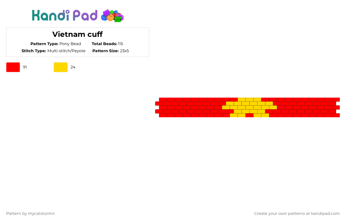 Vietnam cuff - Pony Bead Pattern by alylikesado on Kandi Pad - red,cuff,yellow,star,vietnam,cultural