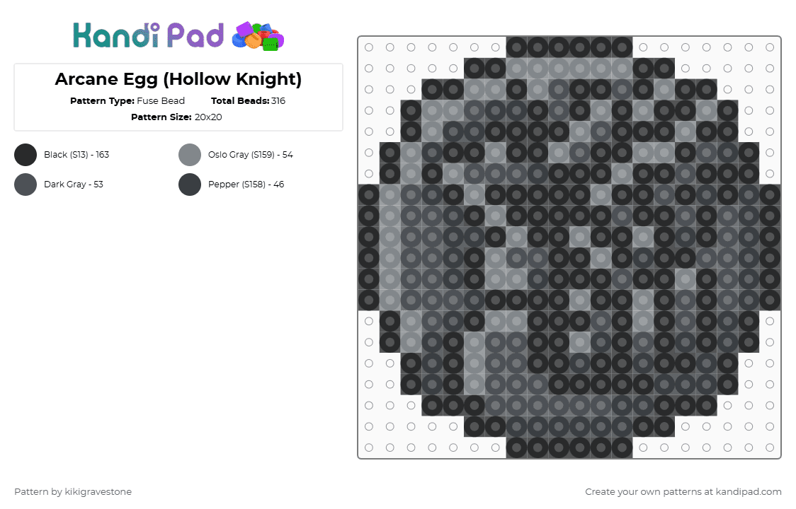 Arcane Egg (Hollow Knight) - Fuse Bead Pattern by kikigravestone on Kandi Pad - black,gray