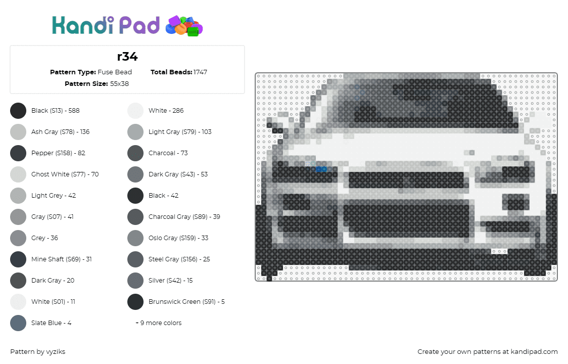 r34 - Fuse Bead Pattern by vyziks on Kandi Pad - skyline r34,nissan,car,automotive,detailed,model,passion,life,black,white