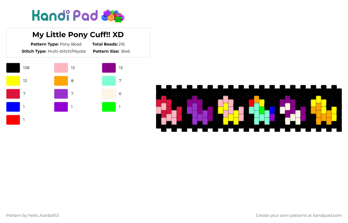 My Little Pony Cuff!! XD - Pony Bead Pattern by hello_hairball13 on Kandi Pad - black,pink,yellow,mylittlepony,fun,scene