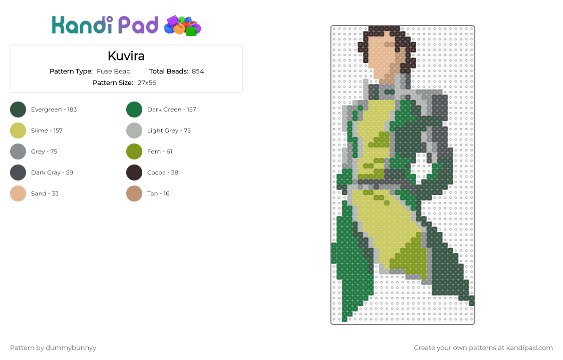 Kuvira - Fuse Bead Pattern by dummybunnyy on Kandi Pad - green,gray
