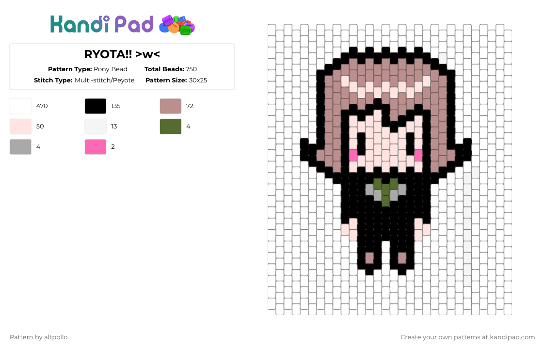 RYOTA!! >w - Pony Bead Pattern by altpollo on Kandi Pad - white,beige,danganronpa,ryota,mitarai,danganronpa3,panel,cuff,multiuse,mycatapprovesofthispattern