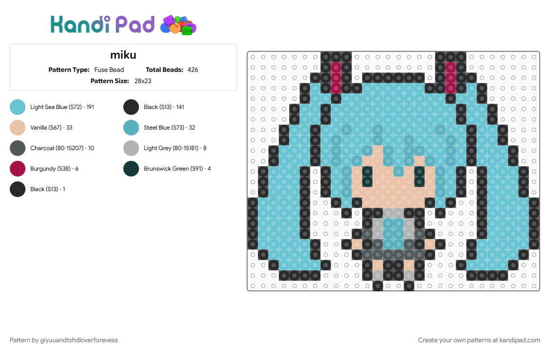 miku - Fuse Bead Pattern by giyuuandtshdloverforevess on Kandi Pad - light blue
