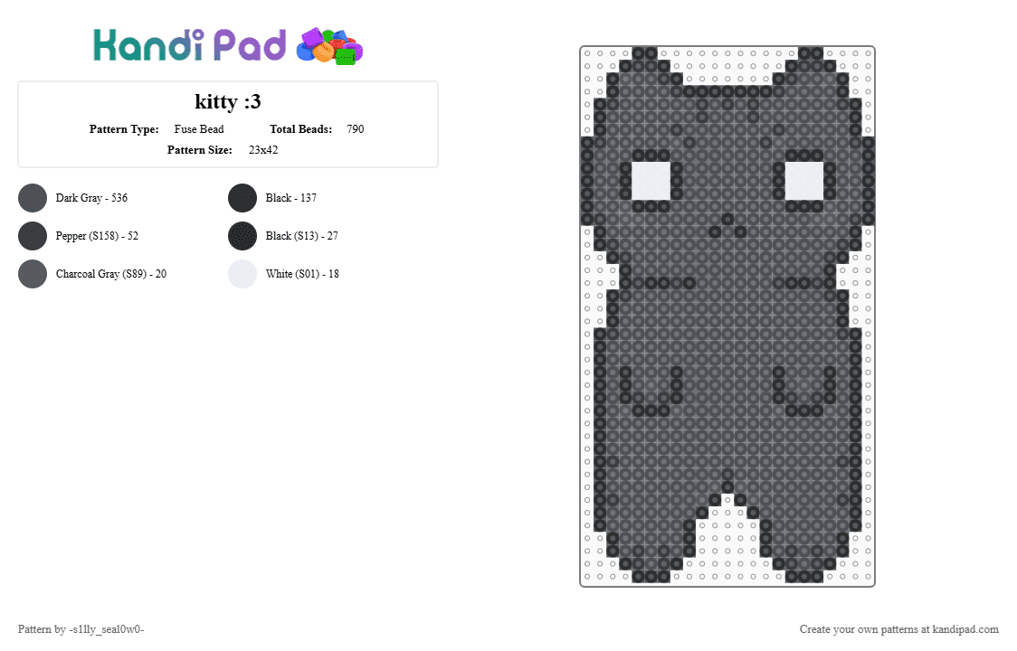 kitty :3 - Fuse Bead Pattern by giyuuandtshdloverforevess on Kandi Pad - gray