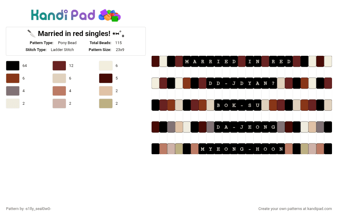 🔪 Married in red singles! ⋆⑅˚₊ - Pony Bead Pattern by -s1lly_seal0w0- on Kandi Pad - black,brown,beige