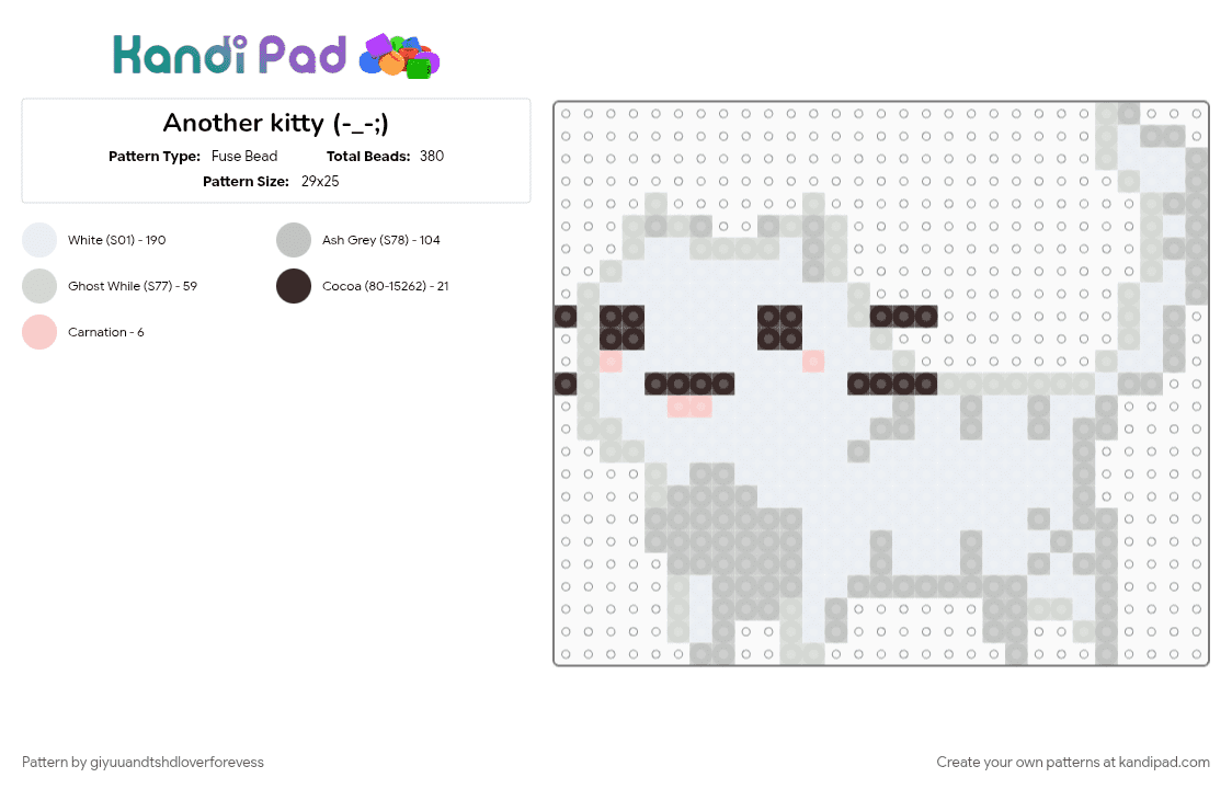 Another kitty (⁠-⁠_⁠-⁠;⁠) - Fuse Bead Pattern by giyuuandtshdloverforevess on Kandi Pad - animals, beige, cats, cute, cutesy, kawaii, kitty, silly, white, white kitty