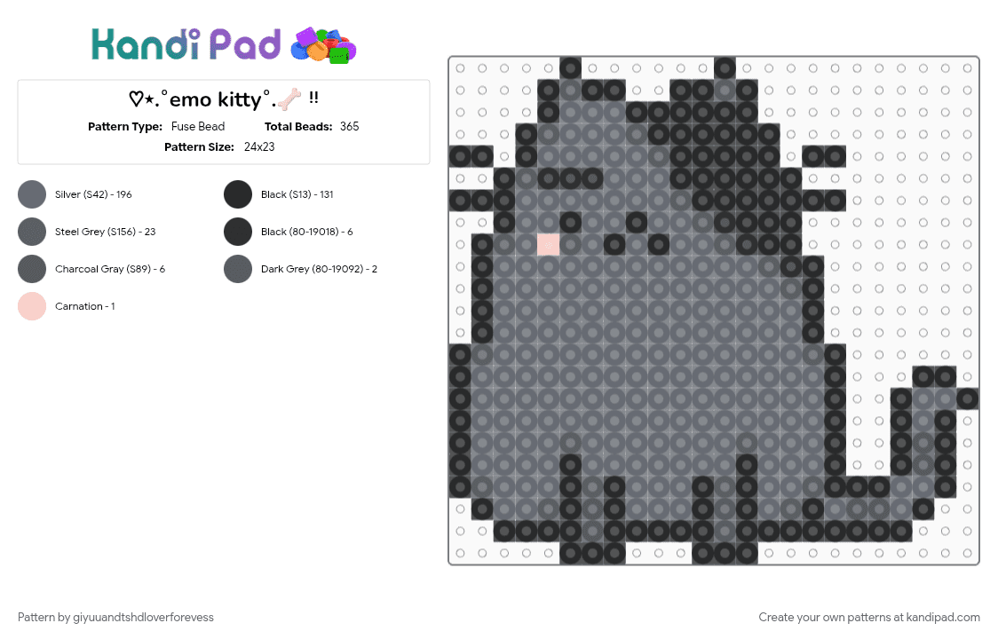♡⋆.˚emo kitty˚.🦴 ᵎᵎ - Fuse Bead Pattern by giyuuandtshdloverforevess on Kandi Pad - cat, cotdemohairstyles, cute, emo, gray, ifellinlovewithanemogurll, kitty, mad, silly