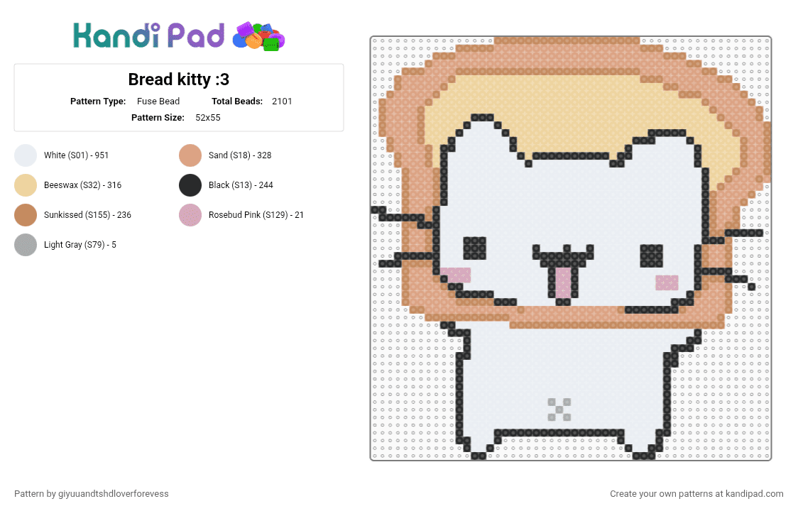 Bread kitty :3 - Fuse Bead Pattern by giyuuandtshdloverforevess on Kandi Pad - 