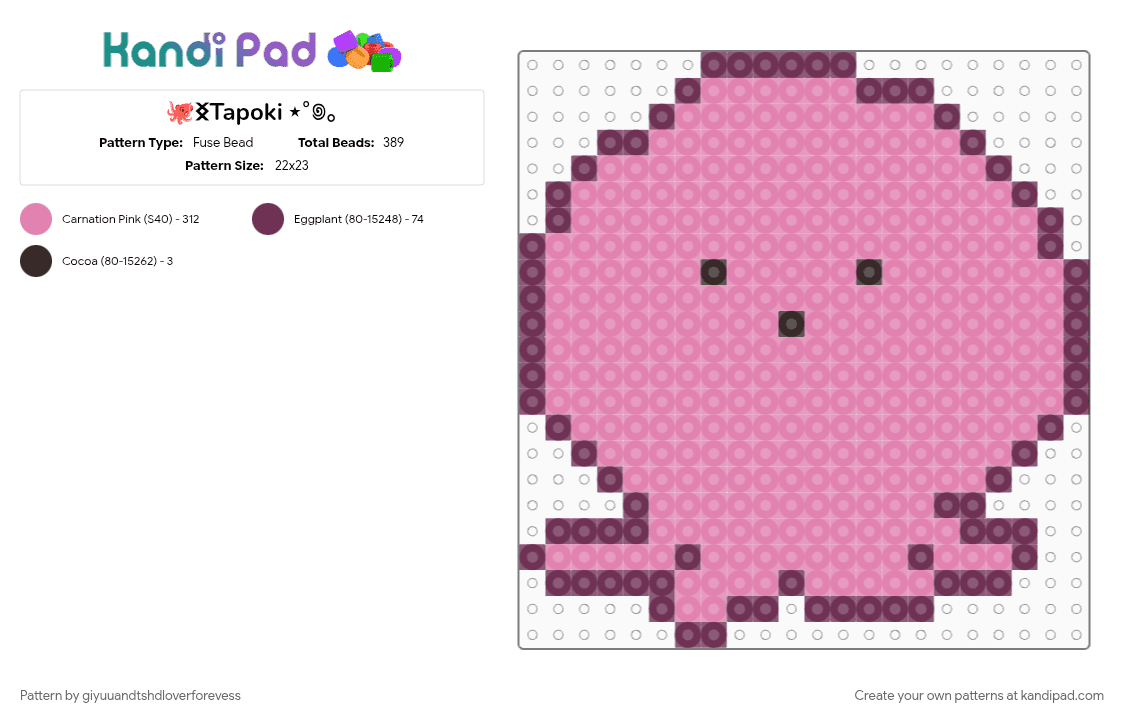 🐙ᛝTapoki ⋆˚꩜｡ - Fuse Bead Pattern by giyuuandtshdloverforevess on Kandi Pad - anime, character, cute, octopus, pink, tapoki, tapokis original sin