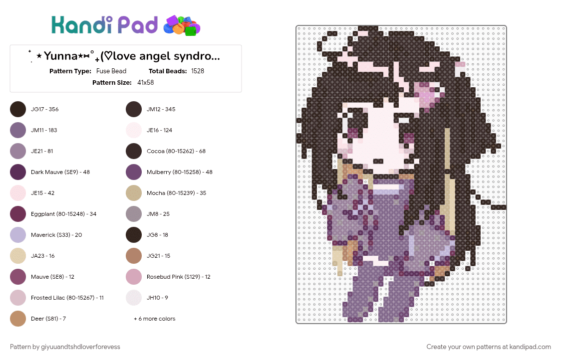 ๋࣭ ⭑Yunna⋆⑅˚₊(♡love angel syndrome♡) - Fuse Bead Pattern by giyuuandtshdloverforevess on Kandi Pad - brown, cute girly pops, cutesy, depression, game, gray, kawaii, love angel syndrome, peler bead, play love angel syndrome