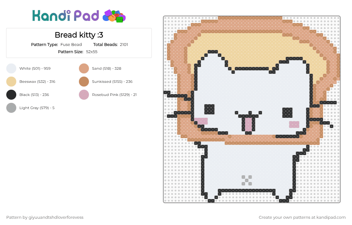 Bread kitty :3 - Fuse Bead Pattern by giyuuandtshdloverforevess on Kandi Pad - beige, tan, white
