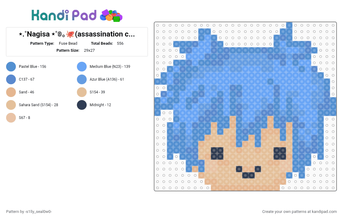 ⋆.˚Nagisa ⋆˚꩜｡🐙(assassination classroom)🗡 - Fuse Bead Pattern by giyuuandtshdloverforevess on Kandi Pad - light blue