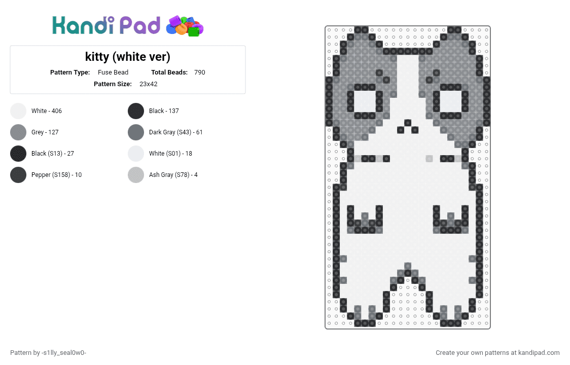 kitty (white ver) - Fuse Bead Pattern by -s1lly_seal0w0- on Kandi Pad - white,gray