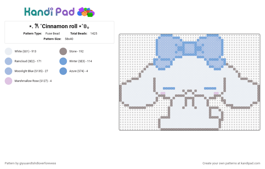 ⋆. 𐙚 ˚Cinnamon roll ⋆˚꩜｡ - Fuse Bead Pattern by giyuuandtshdloverforevess on Kandi Pad - gray, light blue, white