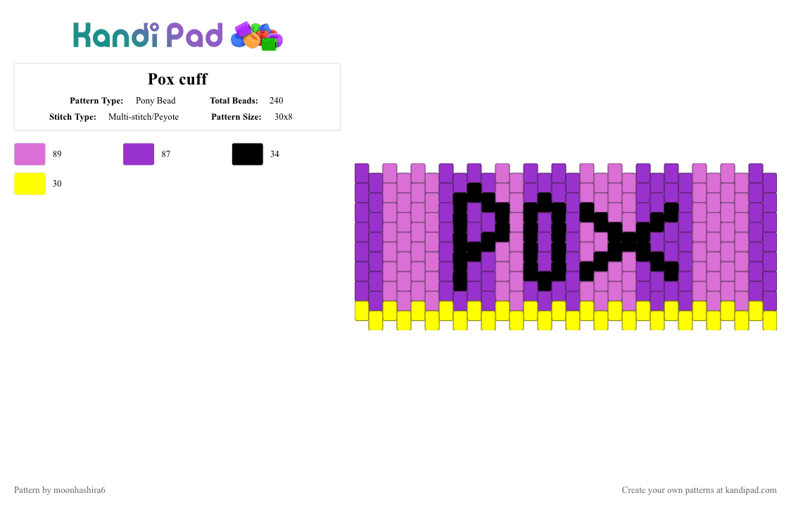 Pox cuff - Pony Bead Pattern by moonhashira6 on Kandi Pad - pink,purple