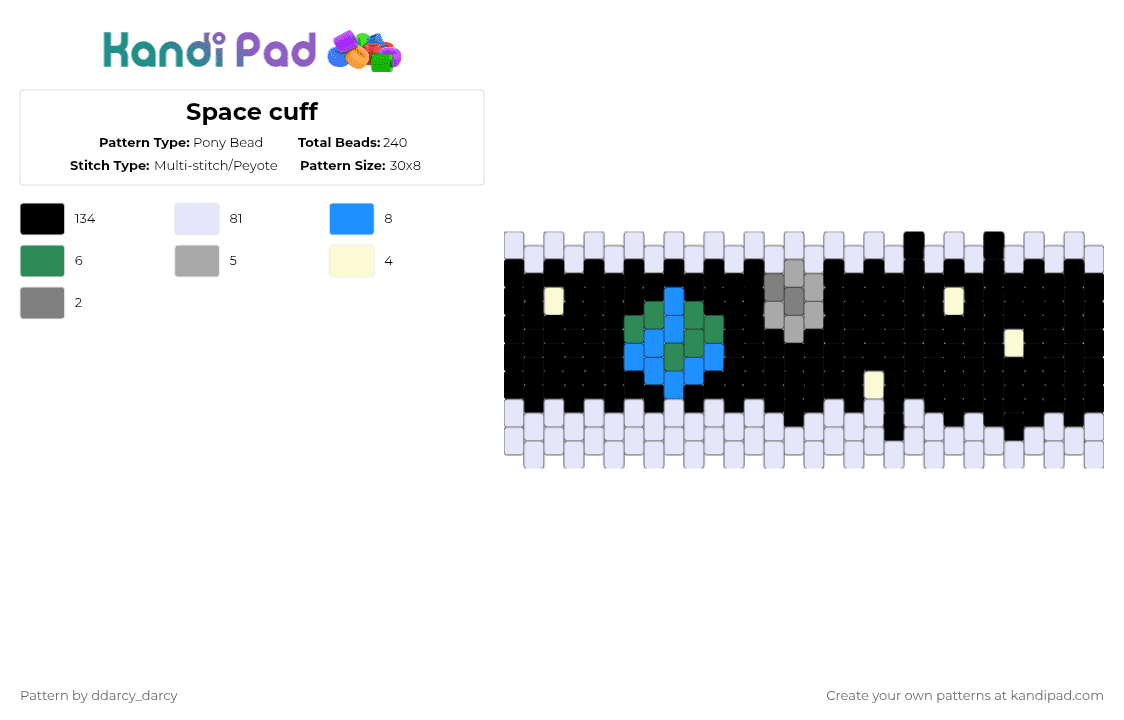 Space cuff - Pony Bead Pattern by ddarcy_darcy on Kandi Pad - black,white,light blue,green,colorful