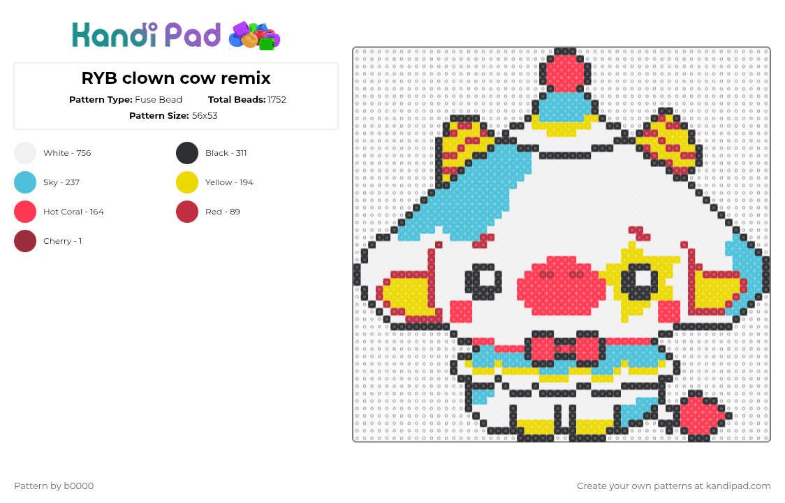 RYB clown cow remix - Fuse Bead Pattern by b0000 on Kandi Pad - white,red,light blue,clown,cow